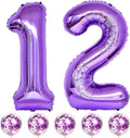 Purple Birthday Balloon Number 12, 40 Inch Big Foil Mylar Number 1 and 2 Balloons with Purple Confetti Latex Helium Balloons for Girls Women 12th 21st Birthday Anniversary Party Decorations Supplies