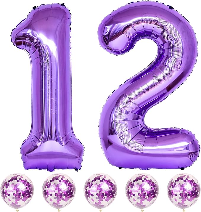Purple Birthday Balloon Number 12, 40 Inch Big Foil Mylar Number 1 and 2 Balloons with Purple Confetti Latex Helium Balloons for Girls Women 12th 21st Birthday Anniversary Party Decorations Supplies