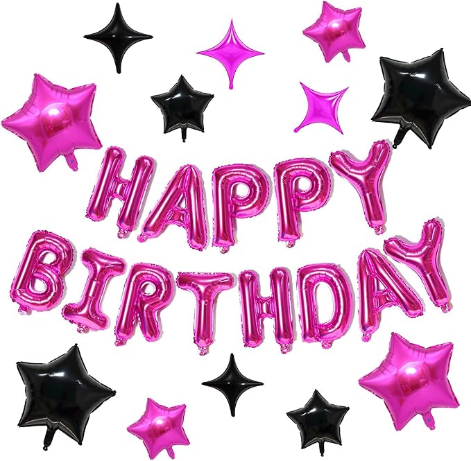KALOR Hot Pink and Black Happy Birthday Balloons Kit with 16 Inch Mylar Foil Letters Balloon and Star Balloons for Birthday Party Decorations Photo Booth Backdrop