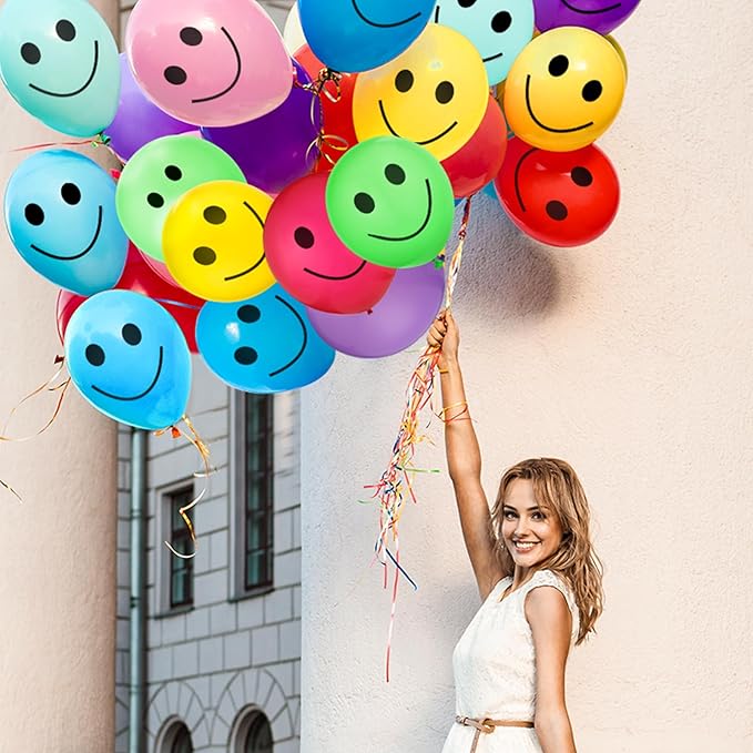 Sratte 100 Pcs Happy Smile Balloons for Birthday Party 12'' Latex Smile Face Colorful Naughty Balloons Party for Baby Shower Wedding Decoration Festive Supplies (Assorted Color)