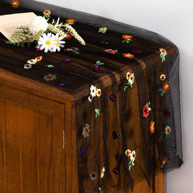 Socomi Black Embroidery Daisy Spring Easter Floral Wildflower Tulle Gauze CheeseclothTable Runners for Wedding Party Baby Shower Birthday Holiday Picnic Home Decor 1pc