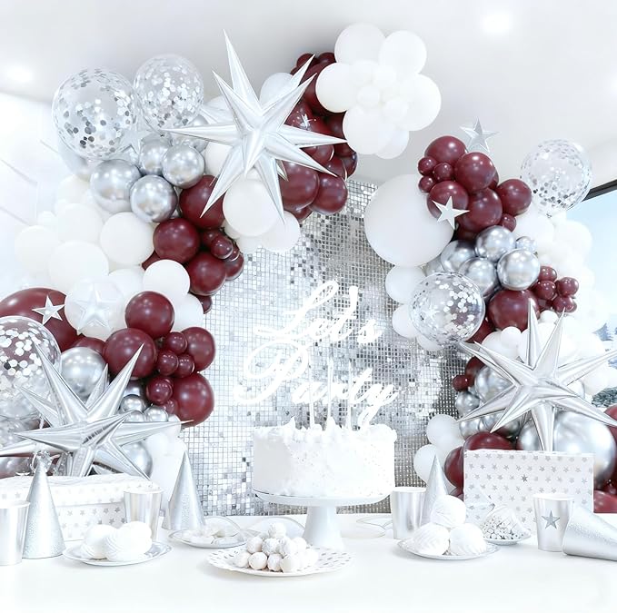Maroon Graduation Party Decorations/Graduation Decorations Maroon White 2026/Burgundy Balloon Arch Kit, Burgundy White Silver Confetti Balloons 134pcs/Birthday Wedding Bachelorette Party Decor