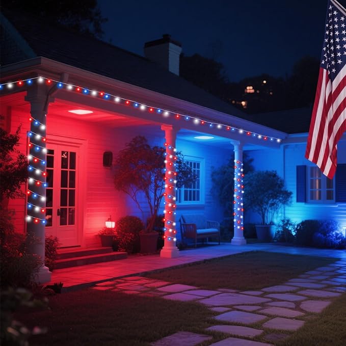 2 Pack Red White and Blue Battery Operated Fairy Lights, 66FT 200LED 4th of July String Lights with Timer, 8 Modes Waterproof Patriotic Twinkle Light Indoor Outdoor for Independence Day Memorial Day