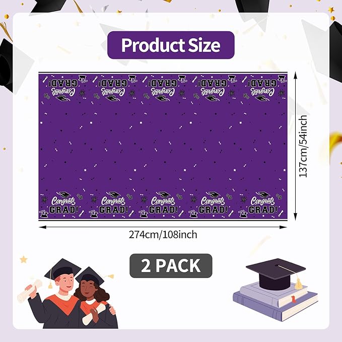 2-Piece 54 x 108 Inch Graduation Plastic Tablecloth – Graduation Disposable Rectangle Table Covers with “Congrats Grad” Design for Class of 2026 Party, School and Home Decorations
