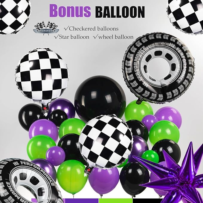 Monster Truck Purple and Green Black Balloon Garland Arch Kit with Big Wheels checkered star mylar foil tire balloons For Kids 3th 4th Birthday Monsters Racing Car Theme Party Decorations