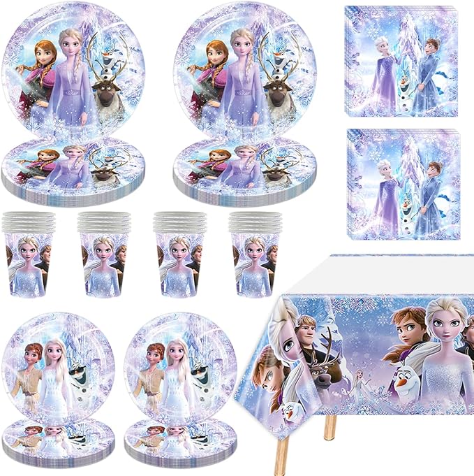 82 PCS Frozen Tableware Sets, Frozen Paper Plates and Napkins Set Includes 40 PCS Paper Plates 20 PCS Napkins 20 PCS Cups 2 PCS Tablecloth for Frozen Party Decorations