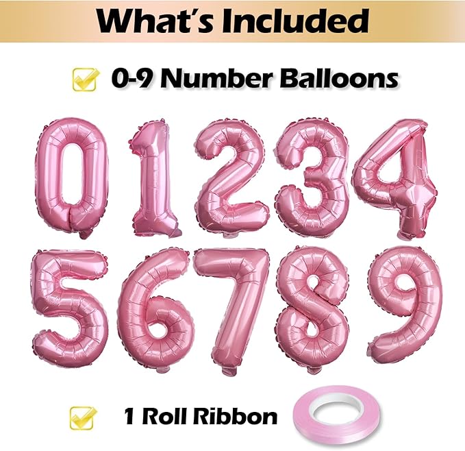 [10] 16" Number Pink Foil Balloons 0-9 set, Mylar Aluminum Hanging Numbers for Valentine's day Romance Mother's day Wedding Graduation Birthday Party Decorations Christmas New Year eve (10 Pcs)