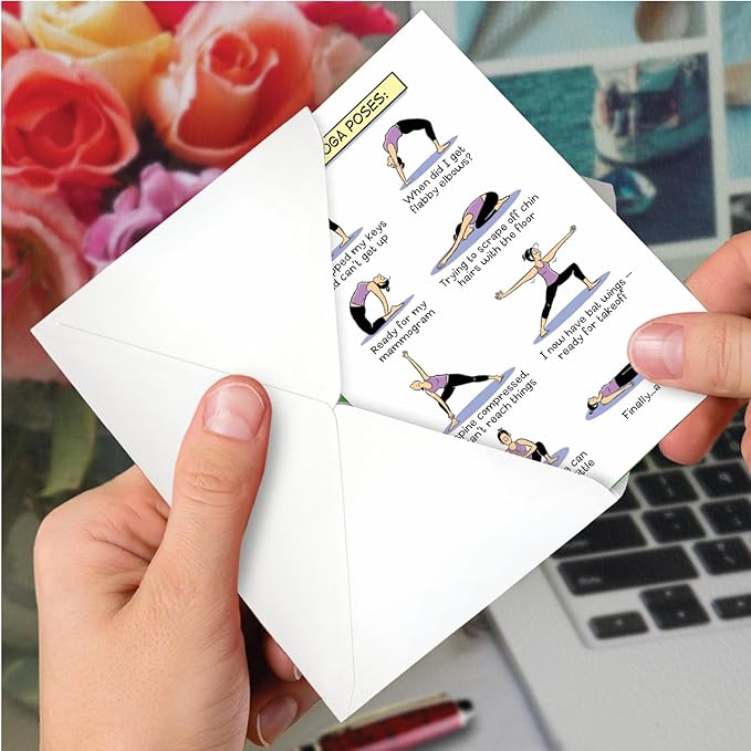 NobleWorks - 1 Funny Women's Birthday Card with Envelope - Cartoon Humor, Stationery Bday Celebration Card for Wife, Women - Midlife Yoga Poses C7312BDG