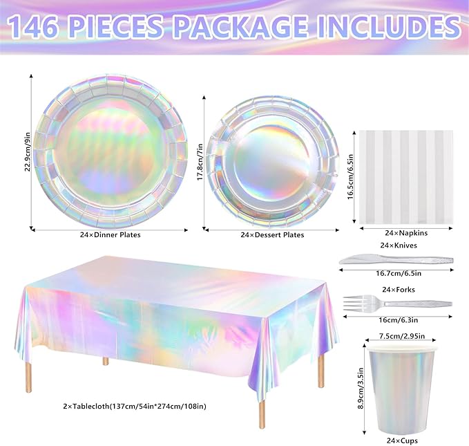 146pcs Iridescent Party Supplies Iridescent Party Tableware Sets Serve 24 Guests Includes Holographic Paper Plates Cups Napkins Forks for Baby Bridal shower Mermaid Birthday Party