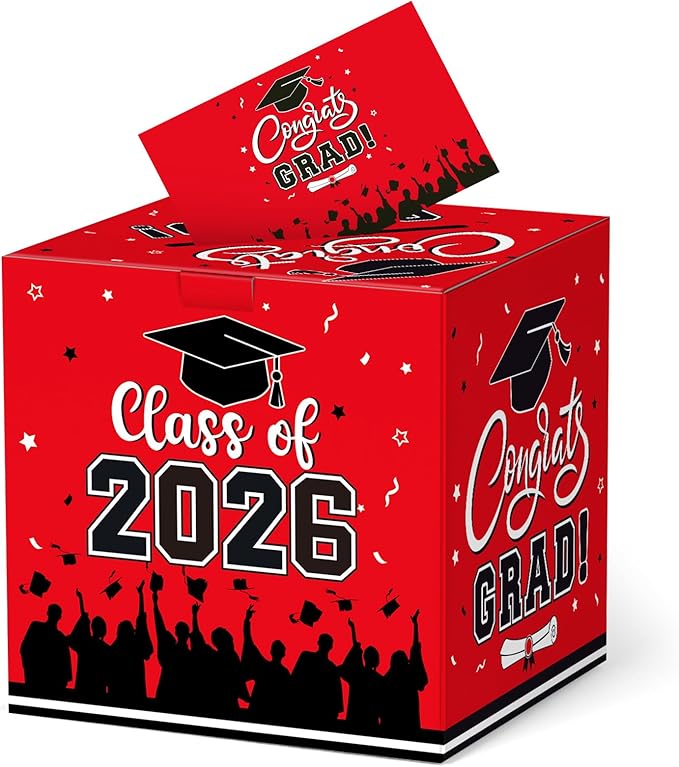 Graduation Card Box 2026 - Congrats Grad Card Boxes Holder, Red Class of 2026 Graduation Gift Cards Box for Graduation Party Decorations 2026 Favors Decor Supplies Props,9x 9 x 9 inches