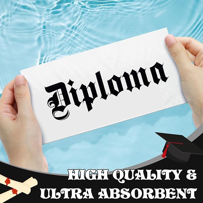 100 Set Graduation Diploma Guest Napkins Red Black and White Rolled Silverware Disposable Grad Award Dinner Napkin with Ribbon and Scissors for Celebration(diploma, Black, 100 Pcs)