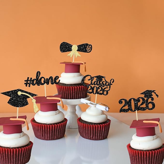Gyufise 30Pcs 2026 Graduation Cupcake Toppers Gold Glitter Class of 2026 Cake Toppers Graduation Done Cupcake Picks Grad Cap Diploma Cake Decorations for 2026 Graduation Theme Party Cake Decorations