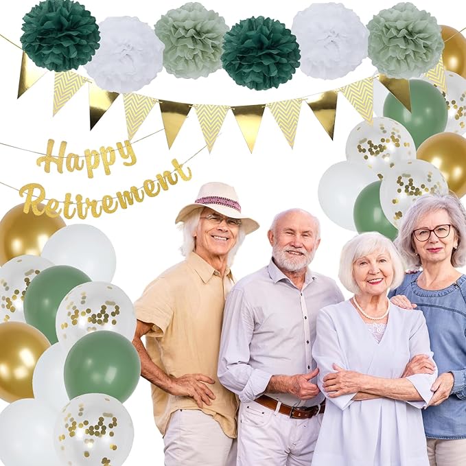 Retirement Party Decorations, Gold Happy-Retirement Banner, Paper Pom Poms, Gold Foil Paper Pennant Banner, Balloons for Retirements Decor, Retired Parties Supplies