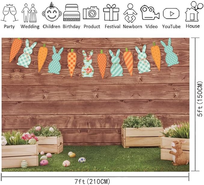 Happy Easter Backdrop Spring Rabbit Carrot Green Grass Eggs Baby Shower Backdrop Brown Wooden Wall Easter Party Decoration (7x5ft)