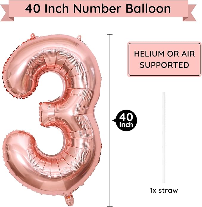 40 Inch Rose Gold Number Balloon 3, Large Number Foil Balloons Mylar for Girl Boy Birthday Party Celebration Decorations Supplies, Digital Balloons for Wedding Anniversary Events Decorations