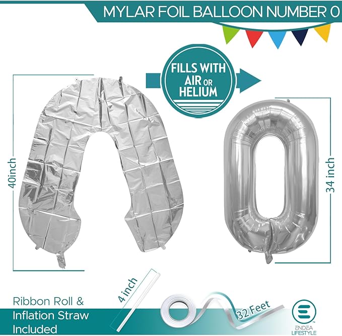 40 Inch Large Silver Number Celebration and Decoration Balloon for Birthday Parties, Graduations, Anniversaries, Weddings, Photo Shoots, Special Events - Helium Foil (Silver Number 0)