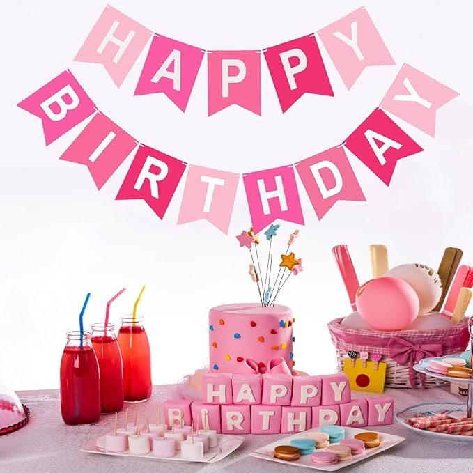 Happy Birthday Banner, Pink Colors Birthday Party Banner Assembled Garland Bunting Flags Women Men Girl Boy Party Hanging Decorations Indoor/Outdoor Supplies
