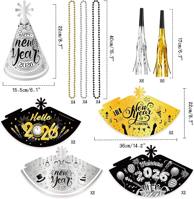 HOWAF New Year Eve Party Supplies 2026, Black Gold Silver Happy New Year 2026 Cone Hats New Years Eve Hats 2026 Glasses Party Blowouts Tattoos Bead Necklaces NYE Party Favors 2026 Decorations