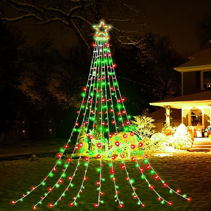 Outdoor Christmas Lights, 320 LED String Lights with Star Tree Topper, Outdoor Christmas Decorations [8 Modes & Waterproof] for Halloween Xmas New Year Holiday (Plastic Star-Red & Green)