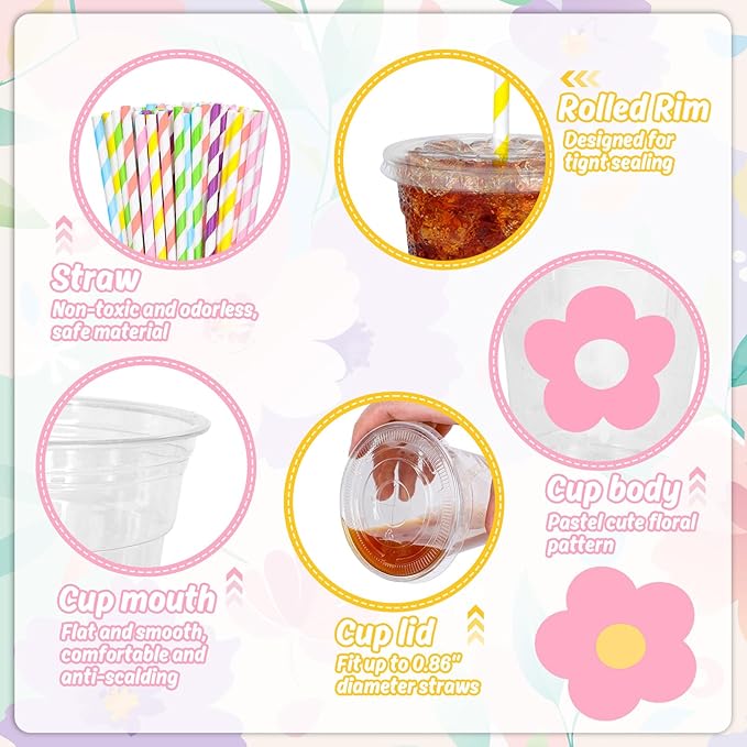 Whaline 60Pcs 12Oz Flower Disposable Plastic Cups with Lids and Straws Cute Pastel Floral Cold Beverage Drinking Cups for Spring Summer Wedding Birthday Baby Shower