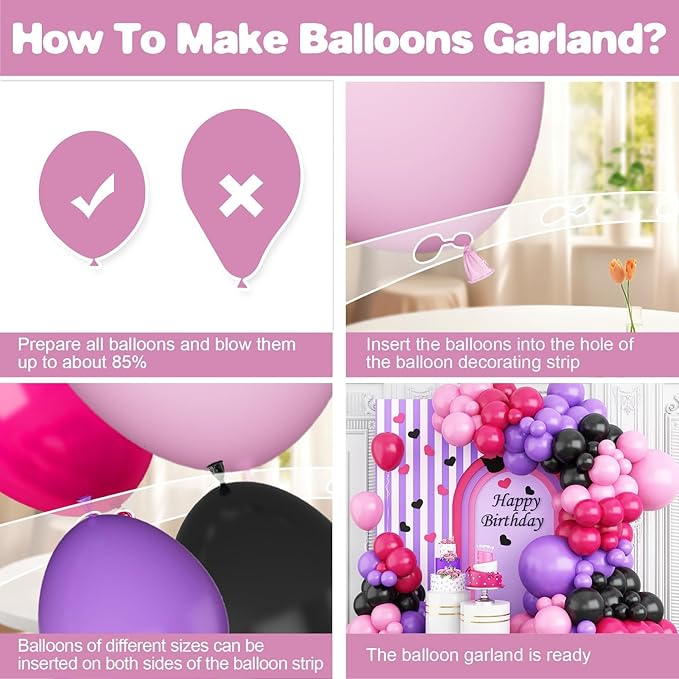Hot Pink and Purple Balloon Arch Garland Kit, Rose Red Black Pink Purple Latex Balloon, Party Balloons for Girls Boys Birthday Party Decor Supplies
