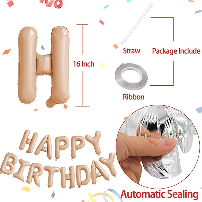 KALOR Beige Happy Birthday Balloons Banner, 16 Inch Mylar Foil Letters Balloon Sign for Birthday Party Decorations Photo Booth Backdrop