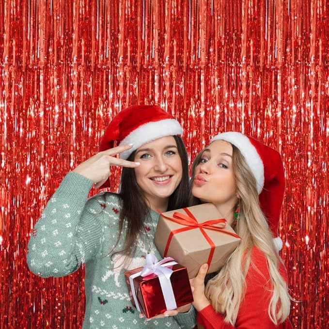 GOER 3.2 ft x 9.8 ft Metallic Tinsel Foil Fringe Curtains Party Photo Backdrop Party Streamers for Birthday,Graduation,New Year Eve Decorations Wedding Decor (5 Packs,Red)
