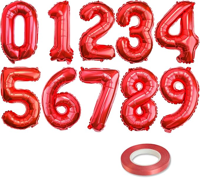[10] 16" Number Red Foil Balloons 0-9 set, Mylar Aluminum Hanging Numbers for Valentine's day Romance Mother's day Wedding Graduation Birthday Party Decorations Christmas New Year eve (10 Pcs)