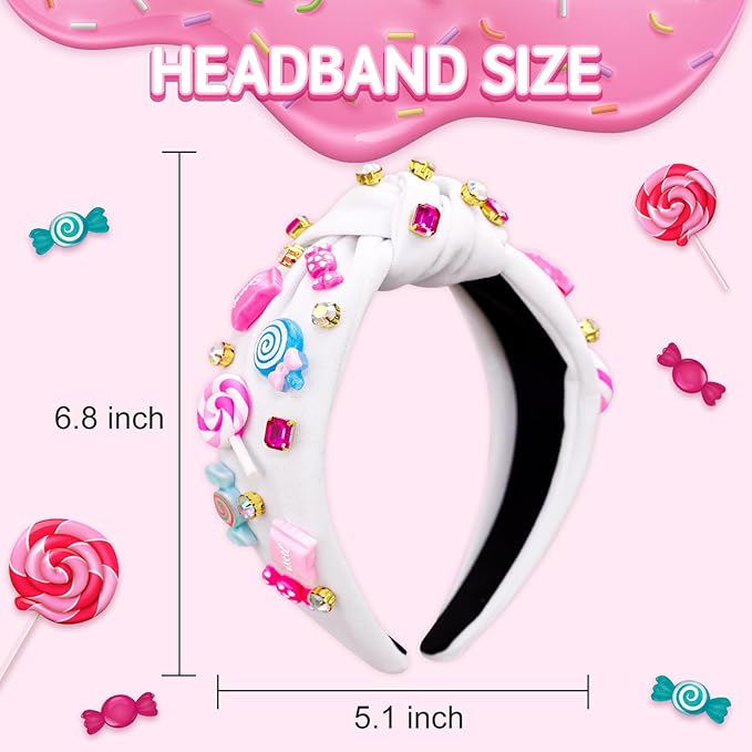 Candy Knotted Headbands for Women, Lollipop Sugar Charms Rhinestone Jeweled Wide Cute Headband for Girls, Fashion Hairband Hair Accessories Birthday Holiday Candyland Party Favors Gifts - White