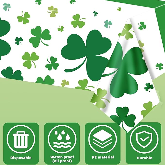 3 Pack St. Patrick's Day Tablecloths 54" x 108", Green Shamrock Plastic Table Covers, Disposable Party Tablecloths for St Patricks Day Decorations, Holiday Party Supplies
