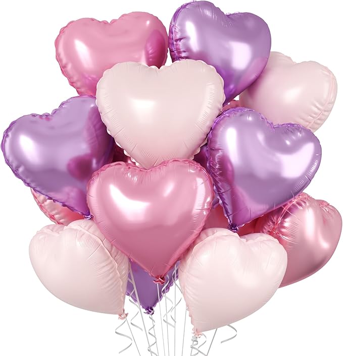 Pink Purple Heart Balloons, 10 Pcs Light Pink and Purple Heart Shaped Balloon, 18 Inch Pastel Foil Balloons for Girls Women Butterfly Brithday Bridal Baby Shower Wedding Valentines Party Decoration