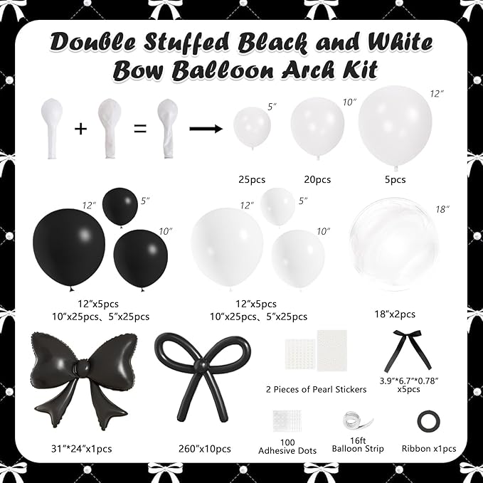 Black and White Balloons Arch Kit,JOGAMS 187Pcs White Black Bow Birthday Party Decorations with Bow Double Stuffed Pearl White Balloons Ribbon Pearl Stickers for Birthday Bachelor Bridal Baby Shower