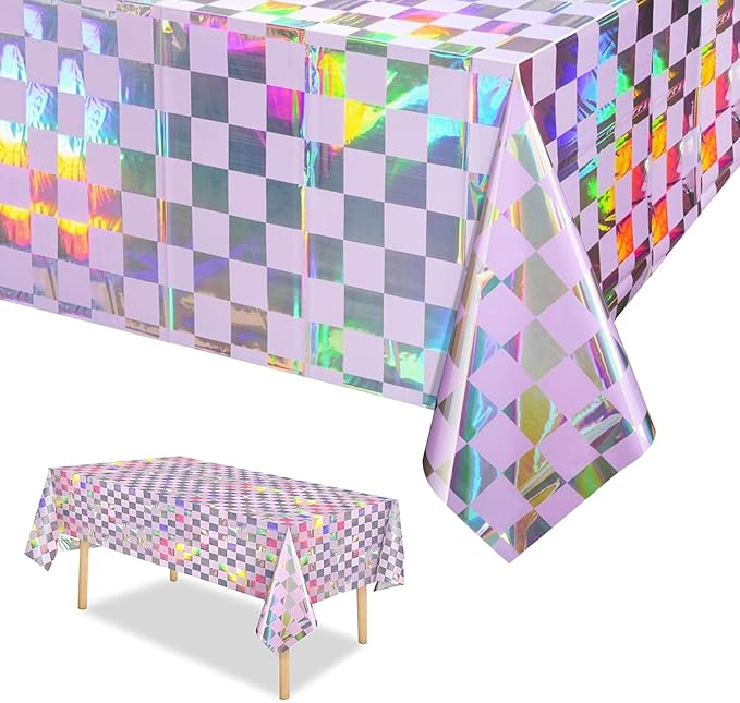 3-Pack Vibrant Pink Checkered Tablecloths, Holographic Glittering Disposable Plastic Tablecloths, 54 Inches x 108 Inches, Suitable for Picnics, Birthday Parties, Racing Theme Decorations