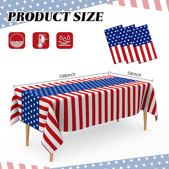 4th of July Tablecloth, Patriotic Plastic Tablecloths 54"x108", Fourth of July Table Decorations Red White and Blue American Table Covers 3 Pack, Patriotic Decorations Memorial Day Party Supplies