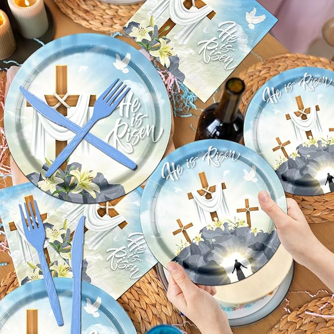 He is Risen Party Supplies, 142Pcs Easter He is Risen Decoration Tableware Set Include Easter Religious Plates and Napkins,Cups,Banner,Tablecloth for Spring Christian Party Supplies