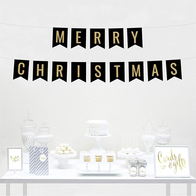 Andaz Press Faux Gold Glitter on Black Party Banner Decorations, Merry Christmas, Approx 5-Feet, 1-Set, Going Away Study Abroad Graduation Retirement Colored Hanging Pennant Decor