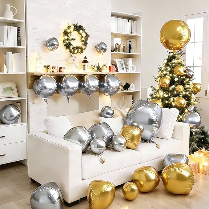 Gold and Silver Round Balloons Foil, 12 Pcs Round Shaped Balloon 4D Different Size 22" 18" 15" 10", Metallic Gold Silver Balloons for Prom Graduation Baby Shower Birthday New Years Party Decorations