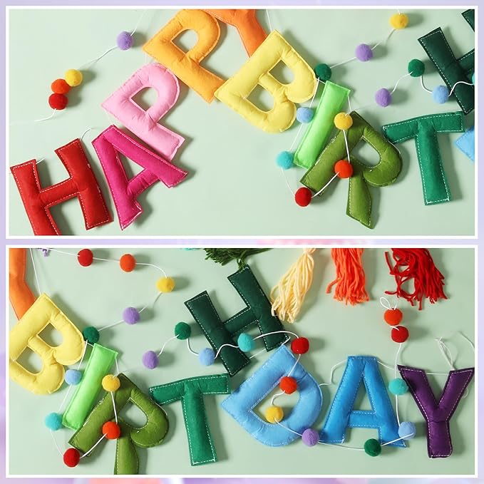 Pre-Strung Happy Birthday Banner Rainbow Decorations Felt Ball Garland Happy Birthday Sign for Party Decorations Unicorn Party Decor (Rainbow)