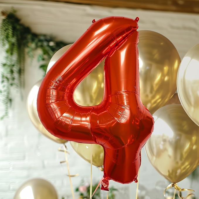 40 Inch Large Red Number Celebration and Decoration Balloon for Birthday Parties, Graduations, Anniversaries, Weddings, Photo Shoots, Special Events - Helium Foil Mylar (Red Number 4)