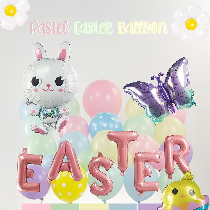 Easter balloon garland arch kit pastel balloons with Easter egg chicken daisy bunny Butterfly Pastel pink letter foil balloons for spring big resurrection day baby shower party decorations