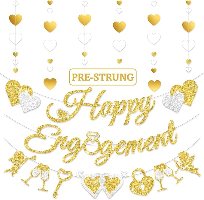Pre-Strung Glitter Happy Engagement Banner with Heart Garland, Engagement Party Decorations for Congratulations Decorations Engaged Proposal Just Married Decorations Wedding Decor Bridal Shower