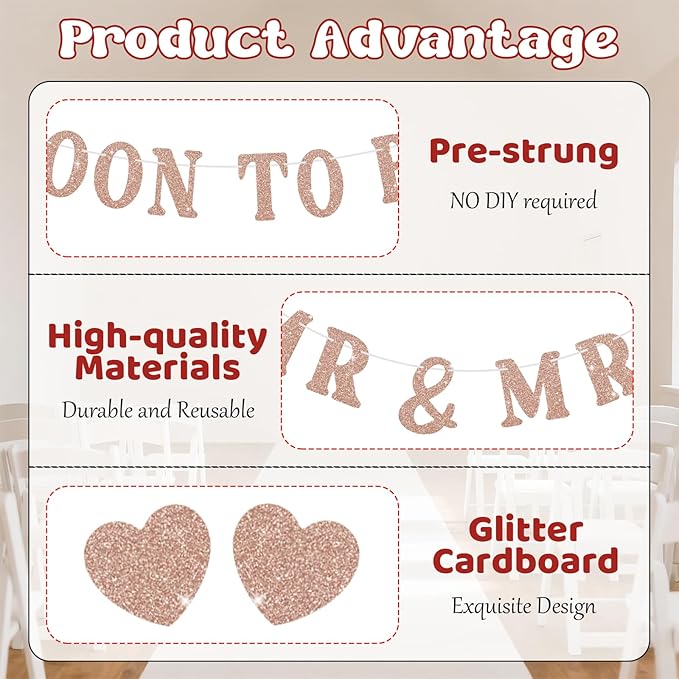 Soon To Be Mr & Mrs Sign for Bridal Shower Banner, Pre-Strung Rose Gold Glitter Wedding Banner, Engagement Banners for Mantle Hanging Sign Couples Shower Decorations