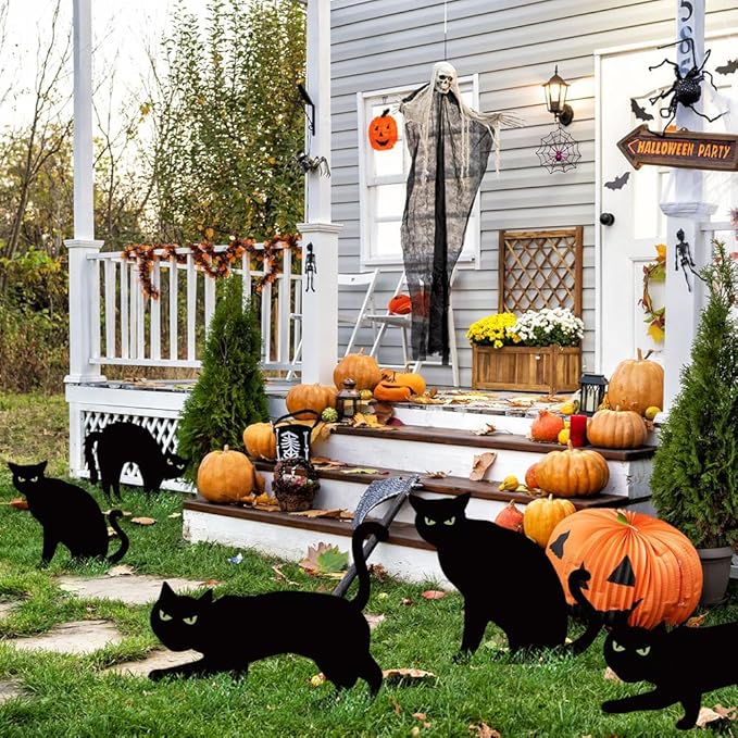 Ivenf Halloween Decorations Outdoor, 6ct Black Cat Decor Yard Signs with Stakes, Scary Silhouette with Glow in Dark Eyes, Corrugated Plastic, Waterproof Lawn Decorations for Kids Family Home Party