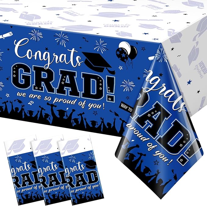 3 Pack Graduation Tablecloth Party Decorations, Class of 2026 Congrats Grad Plastic Tablecover Party Supplies, Blue Rectangle Graduation Table Decorations for College High School Party, 54 x 108 Inch