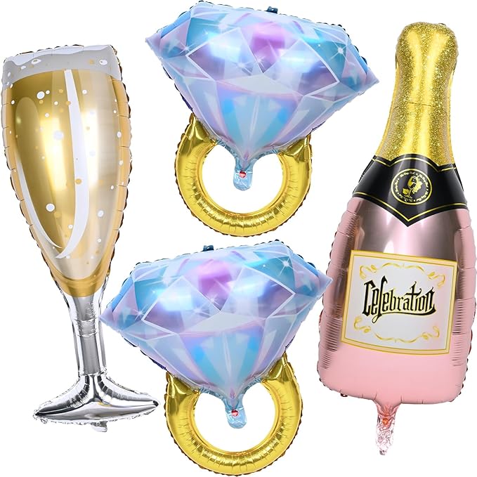 Diamond Ring Balloons Champagne Bottle Wine Glass Foil Balloons for Bachelorette Engagement Bridal Shower Wedding Proposal Marriage Anniversary Just Engaged Married Celebration Party Decorations
