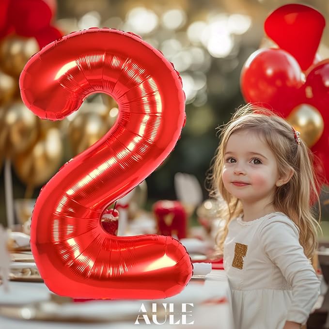 AULE 40 Inch Big Red 2 Balloon Number Large Foil Helium Number Balloons 0-9 Jumbo Giant Happy 2nd Birthday Party Decorations for Boy or Girl Huge Mylar Anniversary Party Supplies