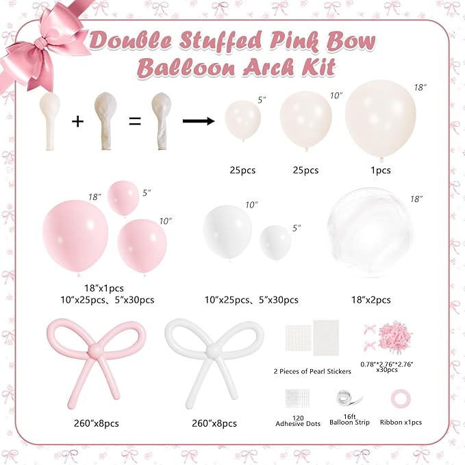 Pink Bow Birthday Decorations,220Pcs Pink Bow Balloon Arch Kit with 260 Clear Double Stuffed Pearl Balloons Ribbon Bow Pearl Stickers for Bow Coquette Birthday Bachelor Bridal Baby Shower Wedding