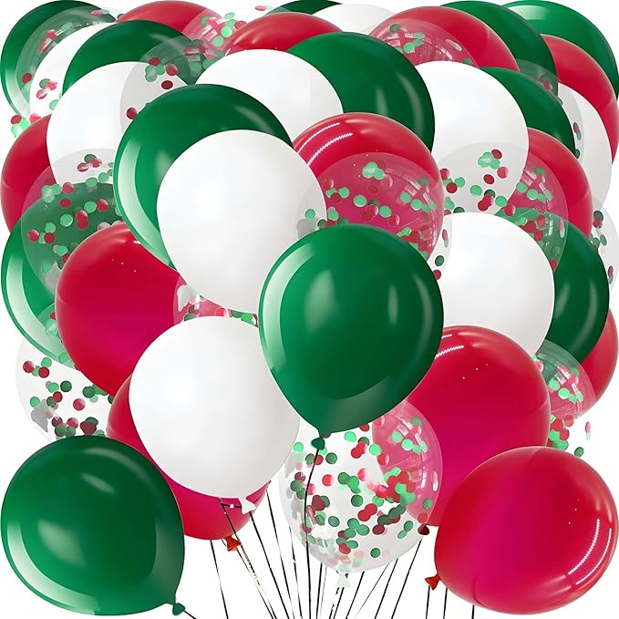 Red White and Green Balloons with Confetti Balloons 12 inch Latex Balloons 80 Pcs for Wedding Birthday Baby Shower Christmas Themed Party Decorations