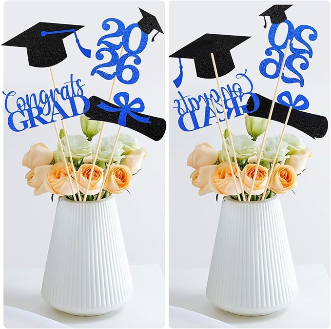 Graduation Decorations 2026, 16 PCS Black Blue Graduation Centerpieces for Tables, Double-Sided Table Toppers Centerpieces, Class of 2026 Grad Party Decorations 2026