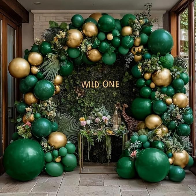 Emerald Green Gold Balloons Garland Double Stuffed Dark Green Gold Balloons Hunter Forest Metallic Arch Kit for Birthday Baby Shower Jungle Graduation Party Decorations
